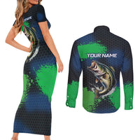 Personalized Bass Fishing Couples Matching Short Sleeve Bodycon Dress and Long Sleeve Button Shirt with Jumping Fish – Green and Black Angler Design - Wonder Print Shop