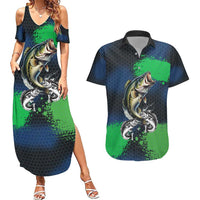Personalized Bass Fishing Couples Matching Summer Maxi Dress and Hawaiian Shirt with Jumping Fish – Green and Black Angler Design - Wonder Print Shop