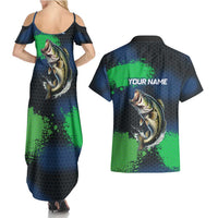 Personalized Bass Fishing Couples Matching Summer Maxi Dress and Hawaiian Shirt with Jumping Fish – Green and Black Angler Design - Wonder Print Shop