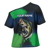 Personalized Bass Fishing Cross Shoulder Shirt with Jumping Fish – Green and Black Angler Design - Wonder Print Shop