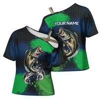Personalized Bass Fishing Cross Shoulder Shirt with Jumping Fish – Green and Black Angler Design - Wonder Print Shop