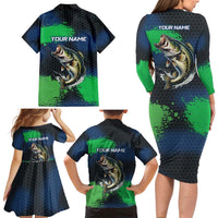 Personalized Bass Fishing Family Matching Long Sleeve Bodycon Dress and Hawaiian Shirt with Jumping Fish – Green and Black Angler Design - Wonder Print Shop