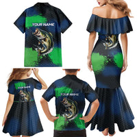 Personalized Bass Fishing Family Matching Mermaid Dress and Hawaiian Shirt with Jumping Fish – Green and Black Angler Design - Wonder Print Shop