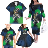 Personalized Bass Fishing Family Matching Off The Shoulder Long Sleeve Dress and Hawaiian Shirt with Jumping Fish – Green and Black Angler Design - Wonder Print Shop