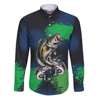 Personalized Bass Fishing Family Matching Off The Shoulder Long Sleeve Dress and Hawaiian Shirt with Jumping Fish – Green and Black Angler Design - Wonder Print Shop