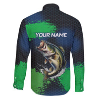 Personalized Bass Fishing Family Matching Off The Shoulder Long Sleeve Dress and Hawaiian Shirt with Jumping Fish – Green and Black Angler Design - Wonder Print Shop