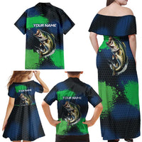 Personalized Bass Fishing Family Matching Off Shoulder Maxi Dress and Hawaiian Shirt with Jumping Fish – Green and Black Angler Design - Wonder Print Shop