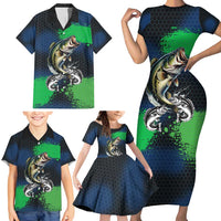 Personalized Bass Fishing Family Matching Short Sleeve Bodycon Dress and Hawaiian Shirt with Jumping Fish – Green and Black Angler Design - Wonder Print Shop