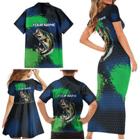 Personalized Bass Fishing Family Matching Short Sleeve Bodycon Dress and Hawaiian Shirt with Jumping Fish – Green and Black Angler Design - Wonder Print Shop