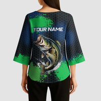Personalized Bass Fishing Kimono Sleeve Blouse with Jumping Fish – Green and Black Angler Design - Wonder Print Shop