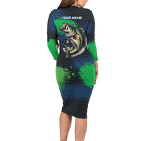 Personalized Bass Fishing Long Sleeve Bodycon Dress with Jumping Fish – Green and Black Angler Design - Wonder Print Shop