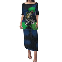 Personalized Bass Fishing Puletasi with Jumping Fish – Green and Black Angler Design - Wonder Print Shop
