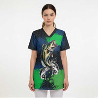 Personalized Bass Fishing Scrub Top with Jumping Fish – Green and Black Angler Design - Wonder Print Shop