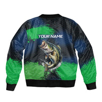 Personalized Bass Fishing Sleeve Zip Bomber Jacket with Jumping Fish – Green and Black Angler Design - Wonder Print Shop