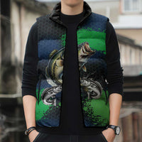 Personalized Bass Fishing Sleeveless Puffer Jacket with Jumping Fish – Green and Black Angler Design - Wonder Print Shop