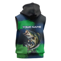 Personalized Bass Fishing Sleeveless Zip Hoodie with Jumping Fish – Green and Black Angler Design - Wonder Print Shop