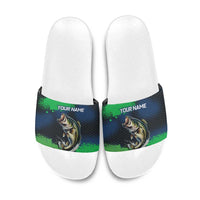 Personalized Bass Fishing Slide Sandals with Jumping Fish – Green and Black Angler Design - Wonder Print Shop