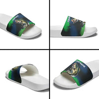 Personalized Bass Fishing Slide Sandals with Jumping Fish – Green and Black Angler Design - Wonder Print Shop
