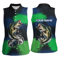 Personalized Bass Fishing Women Sleeveless Polo Shirt with Jumping Fish – Green and Black Angler Design - Wonder Print Shop