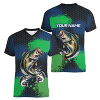 Personalized Bass Fishing Women V-Neck T-Shirt with Jumping Fish – Green and Black Angler Design - Wonder Print Shop