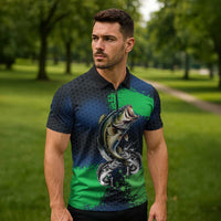 Personalized Bass Fishing Zipper Polo Shirt with Jumping Fish – Green and Black Angler Design - Wonder Print Shop