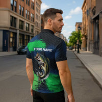 Personalized Bass Fishing Zipper Polo Shirt with Jumping Fish – Green and Black Angler Design - Wonder Print Shop