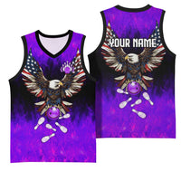 Personalized Patriotic Eagle Bowling Basketball Jersey with Purple Flames USA Flag Wings Design - Wonder Print Shop