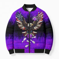 Personalized Patriotic Eagle Bowling Bomber Puffer Jacket with Purple Flames USA Flag Wings Design - Wonder Print Shop