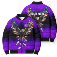 Personalized Patriotic Eagle Bowling Bomber Puffer Jacket with Purple Flames USA Flag Wings Design - Wonder Print Shop
