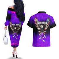 Personalized Patriotic Eagle Bowling Couples Matching Off The Shoulder Long Sleeve Dress and Hawaiian Shirt with Purple Flames USA Flag Wings Design - Wonder Print Shop