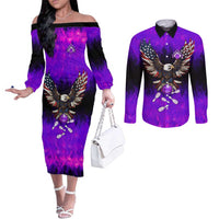Personalized Patriotic Eagle Bowling Couples Matching Off The Shoulder Long Sleeve Dress and Long Sleeve Button Shirt with Purple Flames USA Flag Wings Design - Wonder Print Shop