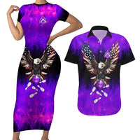 Personalized Patriotic Eagle Bowling Couples Matching Short Sleeve Bodycon Dress and Hawaiian Shirt with Purple Flames USA Flag Wings Design - Wonder Print Shop