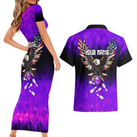 Personalized Patriotic Eagle Bowling Couples Matching Short Sleeve Bodycon Dress and Hawaiian Shirt with Purple Flames USA Flag Wings Design - Wonder Print Shop