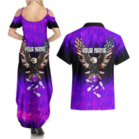 Personalized Patriotic Eagle Bowling Couples Matching Summer Maxi Dress and Hawaiian Shirt with Purple Flames USA Flag Wings Design - Wonder Print Shop