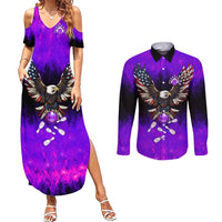 Personalized Patriotic Eagle Bowling Couples Matching Summer Maxi Dress and Long Sleeve Button Shirt with Purple Flames USA Flag Wings Design - Wonder Print Shop