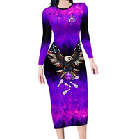 Personalized Patriotic Eagle Bowling Family Matching Long Sleeve Bodycon Dress and Hawaiian Shirt with Purple Flames USA Flag Wings Design - Wonder Print Shop