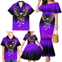 Personalized Patriotic Eagle Bowling Family Matching Mermaid Dress and Hawaiian Shirt with Purple Flames USA Flag Wings Design - Wonder Print Shop