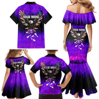 Personalized Patriotic Eagle Bowling Family Matching Mermaid Dress and Hawaiian Shirt with Purple Flames USA Flag Wings Design - Wonder Print Shop