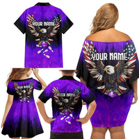 Personalized Patriotic Eagle Bowling Family Matching Off Shoulder Short Dress and Hawaiian Shirt with Purple Flames USA Flag Wings Design - Wonder Print Shop