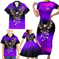 Personalized Patriotic Eagle Bowling Family Matching Short Sleeve Bodycon Dress and Hawaiian Shirt with Purple Flames USA Flag Wings Design - Wonder Print Shop