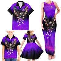 Personalized Patriotic Eagle Bowling Family Matching Tank Maxi Dress and Hawaiian Shirt with Purple Flames USA Flag Wings Design - Wonder Print Shop