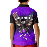 Personalized Patriotic Eagle Bowling Kid Polo Shirt with Purple Flames USA Flag Wings Design - Wonder Print Shop