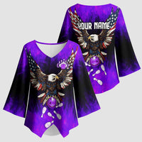 Personalized Patriotic Eagle Bowling Kimono Sleeve Blouse with Purple Flames USA Flag Wings Design - Wonder Print Shop