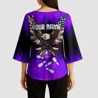 Personalized Patriotic Eagle Bowling Kimono Sleeve Blouse with Purple Flames USA Flag Wings Design - Wonder Print Shop