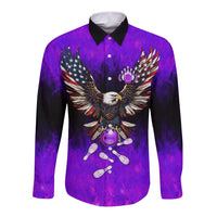 Personalized Patriotic Eagle Bowling Long Sleeve Button Shirt with Purple Flames USA Flag Wings Design - Wonder Print Shop
