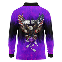 Personalized Patriotic Eagle Bowling Long Sleeve Polo Shirt with Purple Flames USA Flag Wings Design - Wonder Print Shop