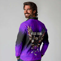Personalized Patriotic Eagle Bowling Long Sleeve Polo Shirt with Purple Flames USA Flag Wings Design - Wonder Print Shop