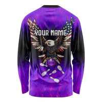 Personalized Patriotic Eagle Bowling Long Sleeve Shirt with Purple Flames USA Flag Wings Design - Wonder Print Shop