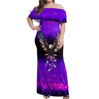 Personalized Patriotic Eagle Bowling Off Shoulder Maxi Dress with Purple Flames USA Flag Wings Design - Wonder Print Shop