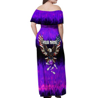 Personalized Patriotic Eagle Bowling Off Shoulder Maxi Dress with Purple Flames USA Flag Wings Design - Wonder Print Shop